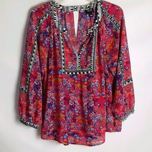 Nicole Miller Floral Print Bohemian L Embroidered Peep Hole Long Sleeve Top